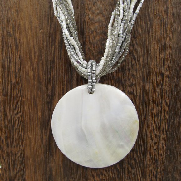 Jewelry - 21" Beaded White Shell Pendant Necklace Vintage